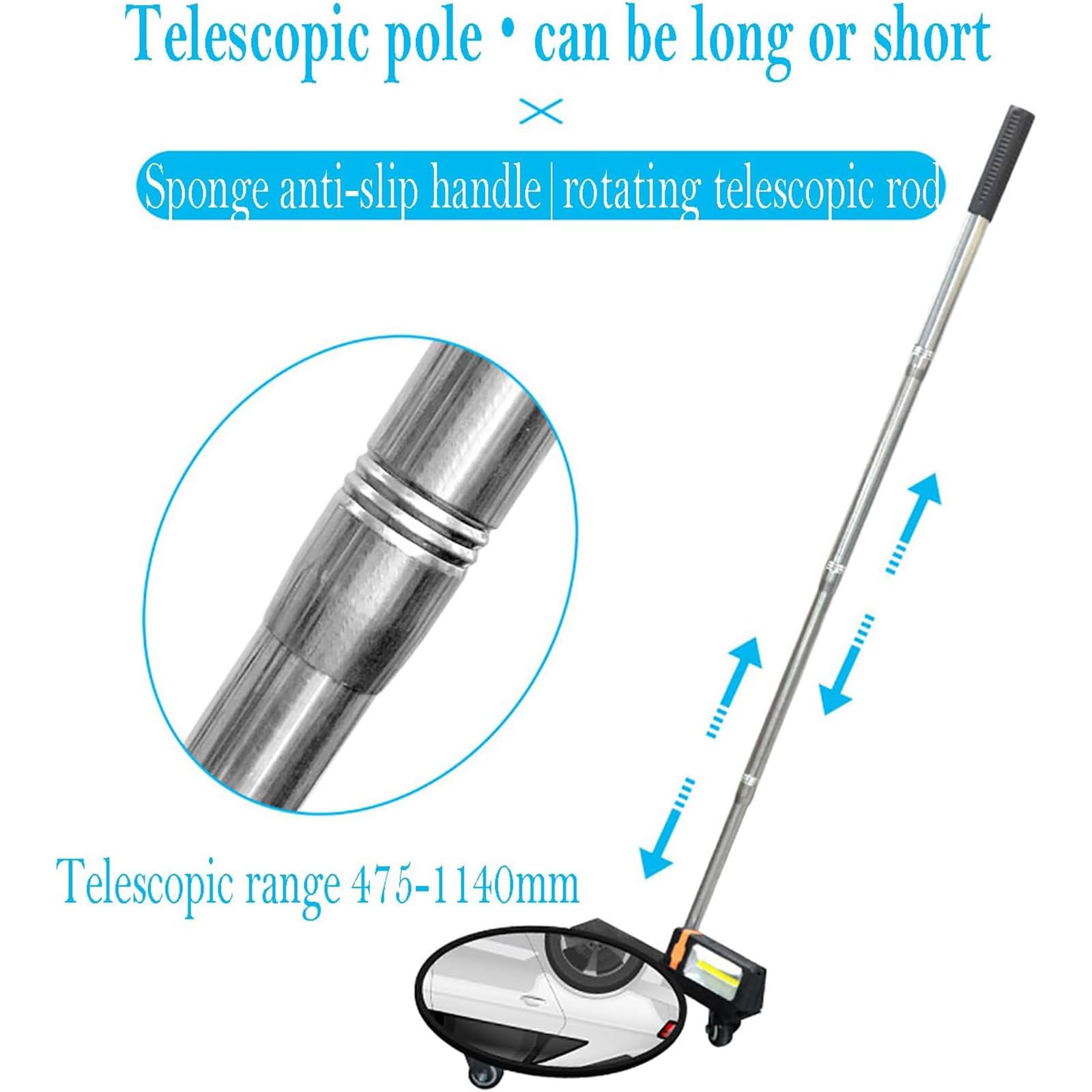 Espejo Retráctil para Bajos, Espejo De Inspección para Bajos con Luz De Relleno, Superficie del Espejo: 300 Mm, Longitud Telescópica: 475-1140 Mm, Utilizado para Inspección De Bajos