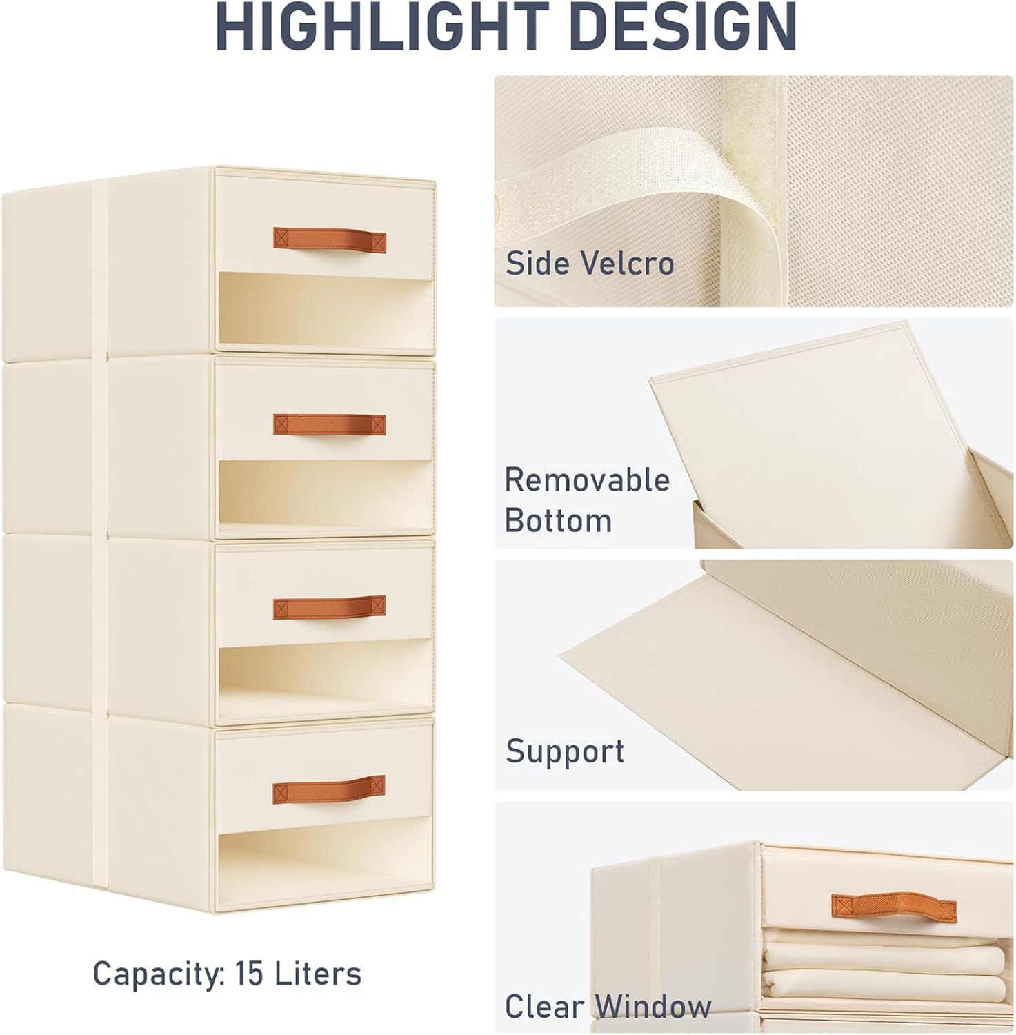 DIMJ Closet Organizers and Storage - Fabric Bins with Drawers for Closet Foldable Clothes Organizers with Clear Window, Stackable Storage Drawers Units for Bedroom, Living Room, Medium 4-Pack, Beige