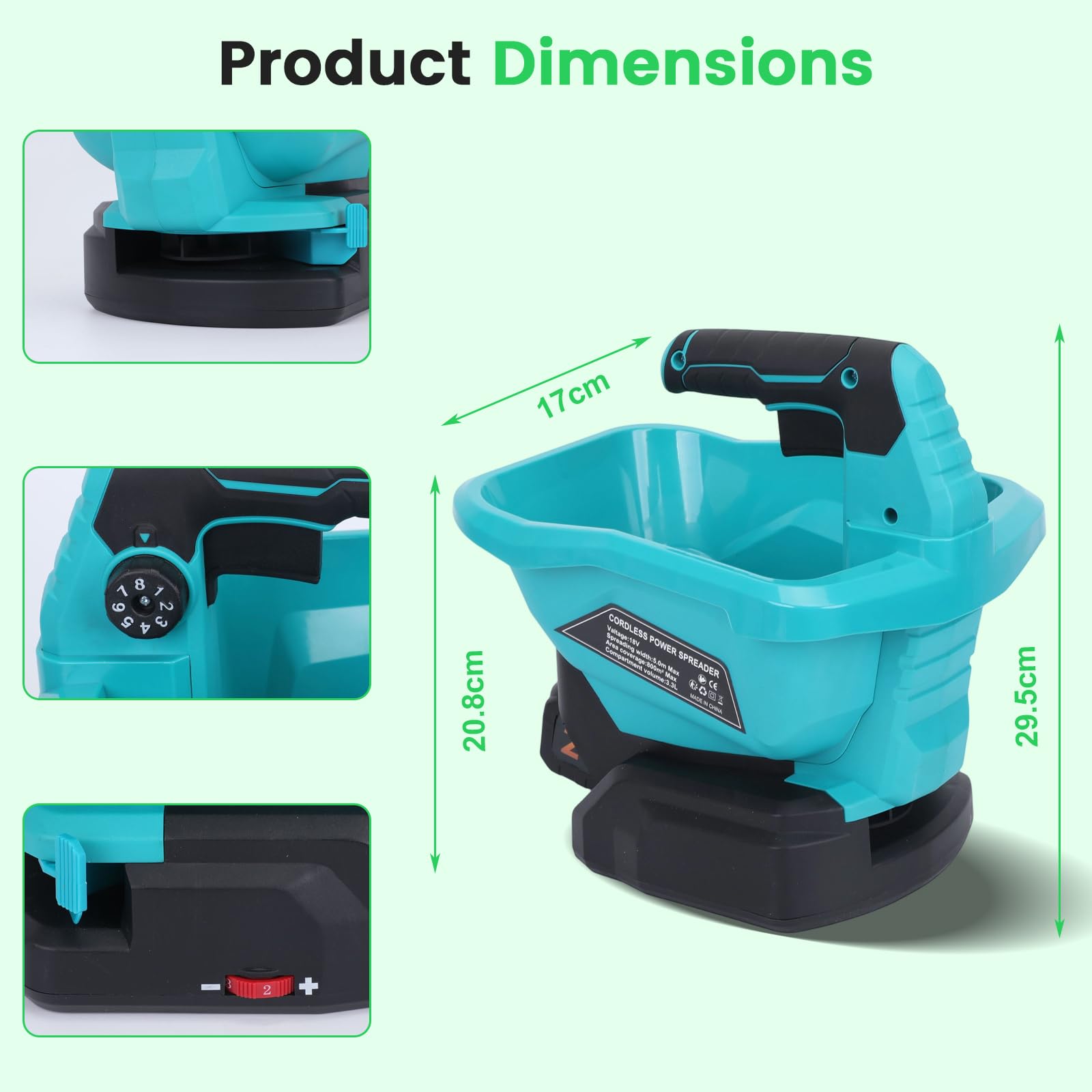 Esparcidor de abono a batería Makita con batería de 18 V, portátil, con 8 niveles de dispersión, 6 velocidades, 3,3 L, universal para semillas de césped, fertilizantes, piensos, sal de carretera (sin