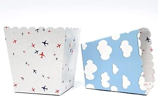 Airplane Favor Snack Boxes for Travel Adventure themed Kids birthday party supplies, pilot up up and away parties, cloud themes. Set of 12 Reversible airplane to cloud pattern scalloped Popcorn Boxes