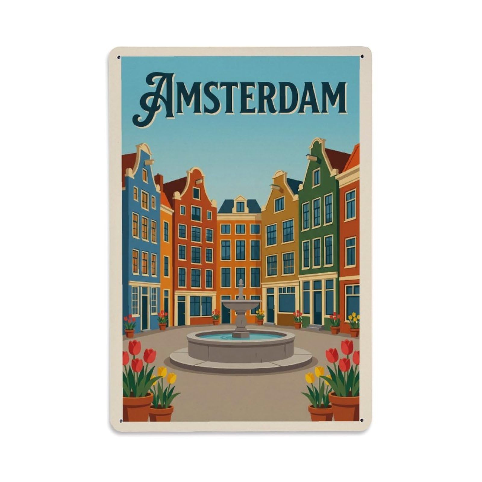 Okngb Style Vintage Courtyard Amsterdam City Travel Old Town Canal Metal Tin Sign Plaque Wall Decor For Cafe, Man Cave, Club Bar, Office, Home Garden Round Metal Poster 8X12inch