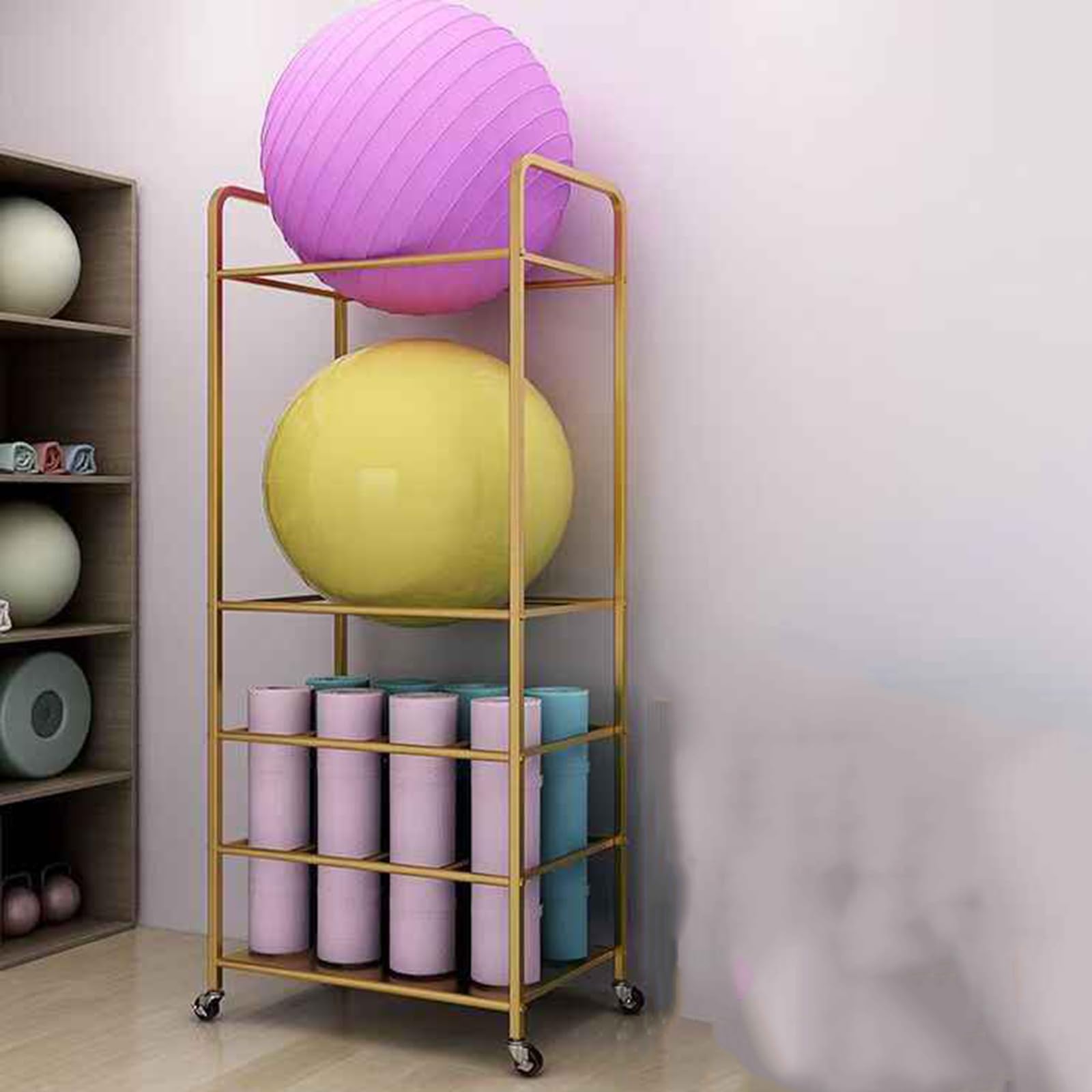 Organizador para esterillas de yoga de metal con ruedas y diseño reforzado