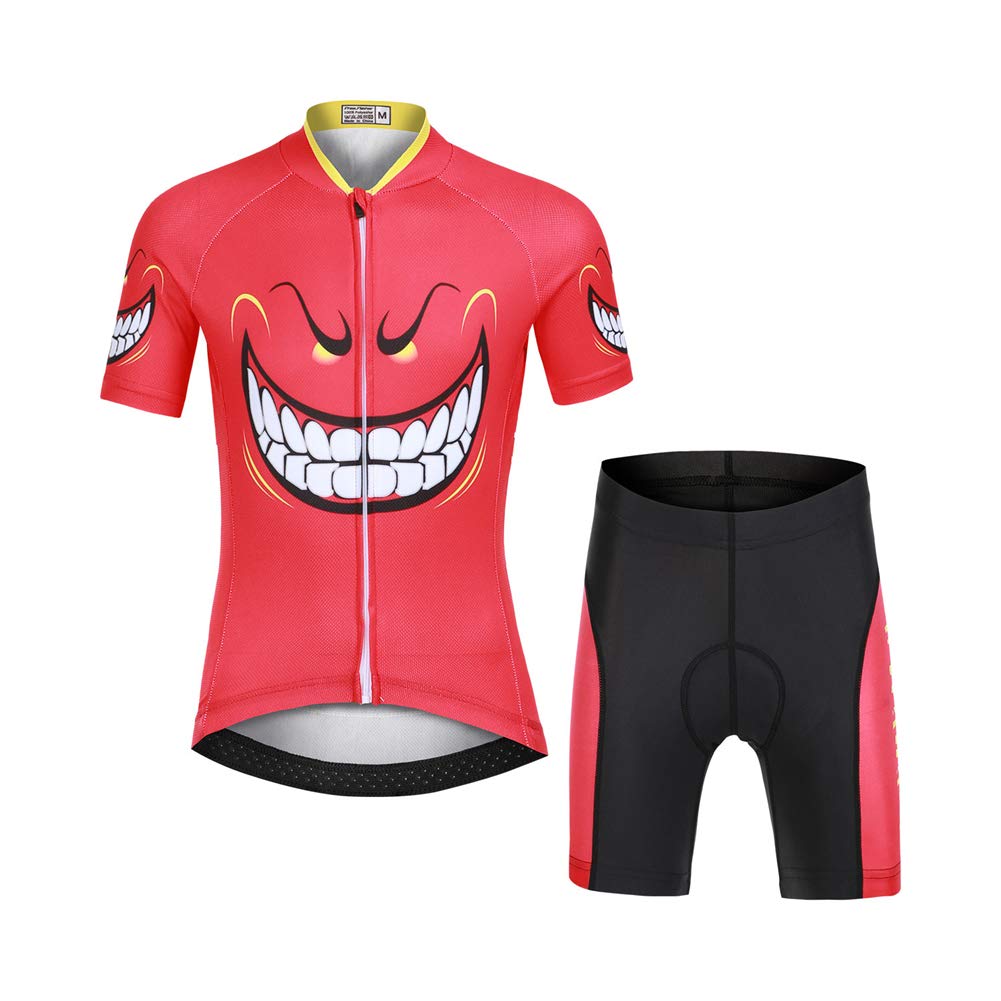 Kinder Jungen Radtrikot Set, Mädchen Radbekleidung Anzüge, Quick Dry Radsportanzug, Fahrradtrikot Kurzarm und 3D Sitzpolster Radhose, Teufel lachen, 134/140(Herstellergröße: XL)