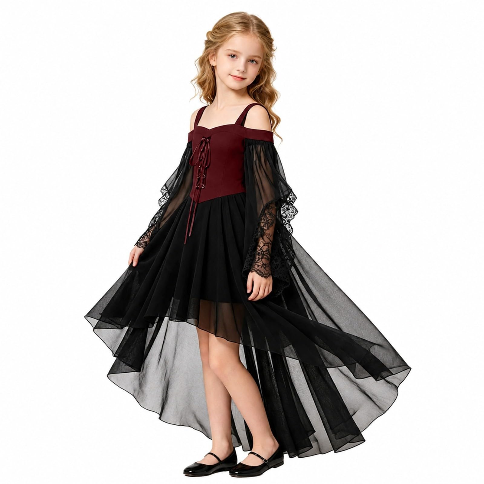 Vokuhila - Vestito medievale per Halloween, per bambine, gotico, cosplay | Vestito da principessa per bambini, a maniche lunghe, con spalle scoperte, in pizzo, stile vittoriano, vampiro, carnevale