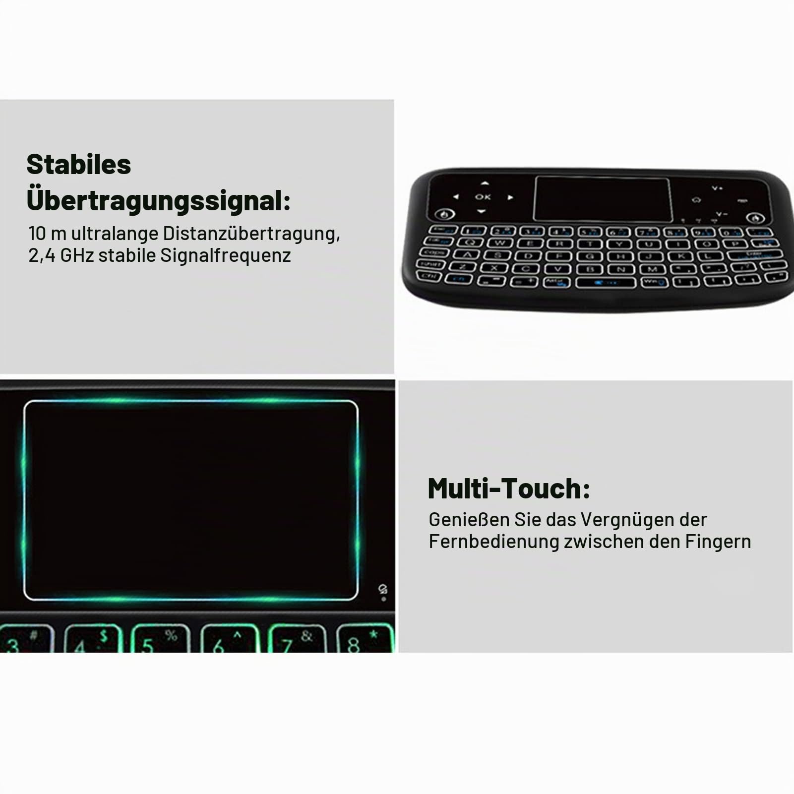 Denash 2,4 GHz Wireless-Tastatur, Hintergrundbeleuchtung Touchpad-Tastatur Fernbedienung Maus-Tastatur mit USB-Empfänger für PC, Laptop, Smart TV, HTPC