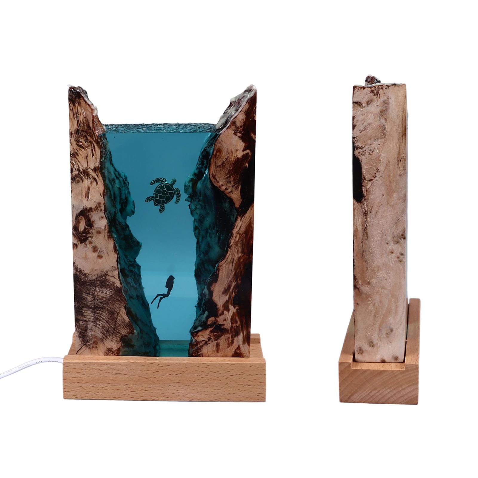YWBL-WH Luce Notturna in Resina Lampada da Tavolo a LED Oceano Base in Legno Massello Alimentata Tramite USB 5V Design Traslucido a Grotta Bagliore a Risparmio Energetico per Scrivania da Camera da