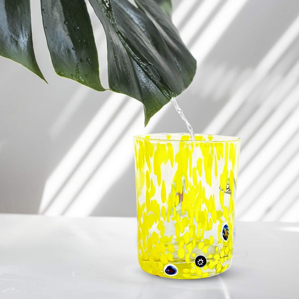 Gocce di Murano Un vaso de lluvia arco iris de cristal de Murano soplado 300 ml hecho a mano colorido paquete 2 copas de agua elegante y precioso (amarillo, 2)