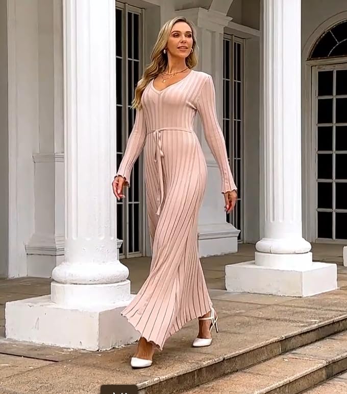 Image of Women's Long Knit Crewneck Sweater Dress Tie Waist A-Line Swing Pleated Bodycon