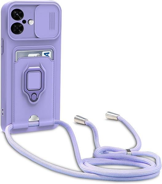Cover Compatibile con iPhone 16, Cover con Cordino Tracolla, Slidable Fotocamera Protezione Custodia,Supporto,Slot Schede, Silicone Case (Porpora) - 1