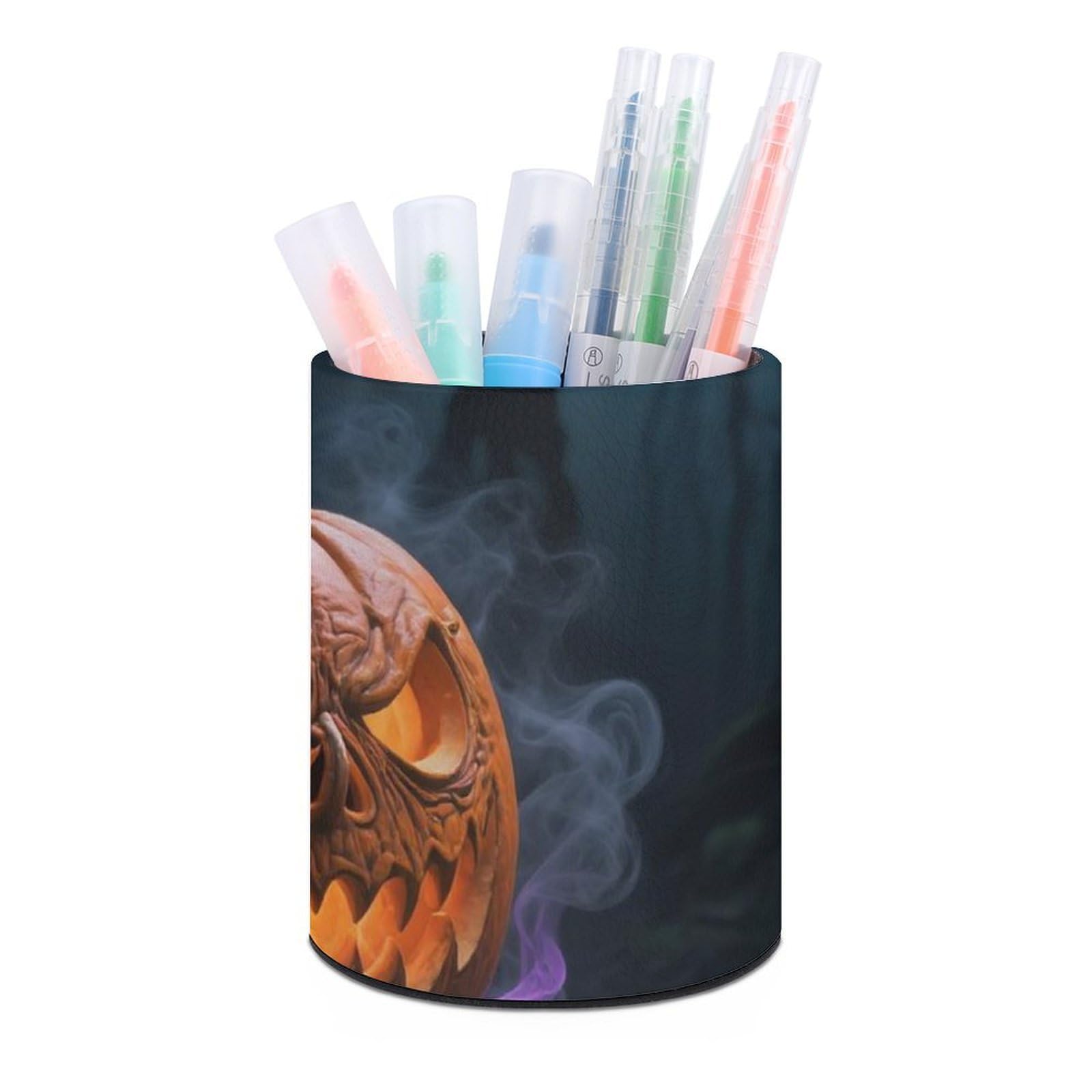 DWVTSLH Aesthetic Pen Holder for Desk - Modern Leather Pencil Holder - Stylish Round Makeup Brush Holder - Gothic Style Pumpkin Lantern Pen Cup Cute And Functional Desk Organizer for Office Supplies