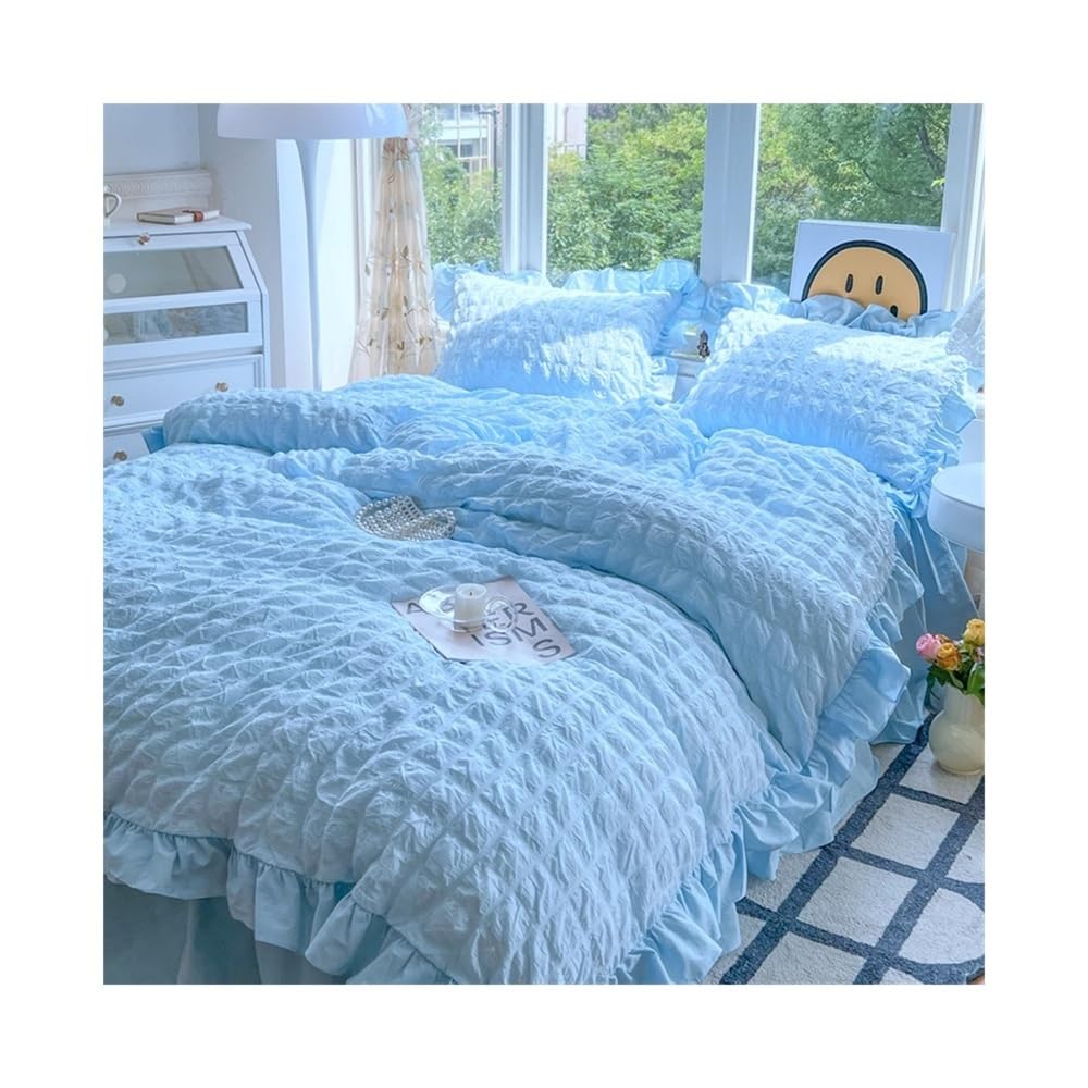 Parure de lit en seersucker bleu pour en finir avec le repassage des draps à volants plissés