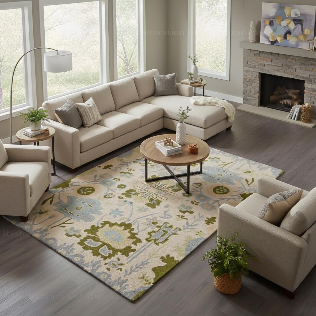 Tapis Oushak en laine fait main : tapis turc vert olive et