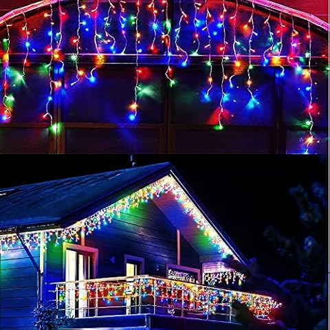 Multicolor LED Icicle Lights Christmas Lights String Connectable,38.8ft 400led 8 Modes Outdoor Fairy Curtain Light with 80 Drops,Clear Wire Twinkle Lights Mood Lighting Indoor Decorations Cover