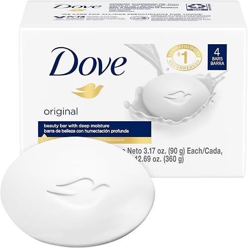 Dove Soap, Original Beauty Bar Pack (4 Soap Bars) – 3-in-1 Moisturizing Face, Body & Hand Soap, 3.17 Oz Ea