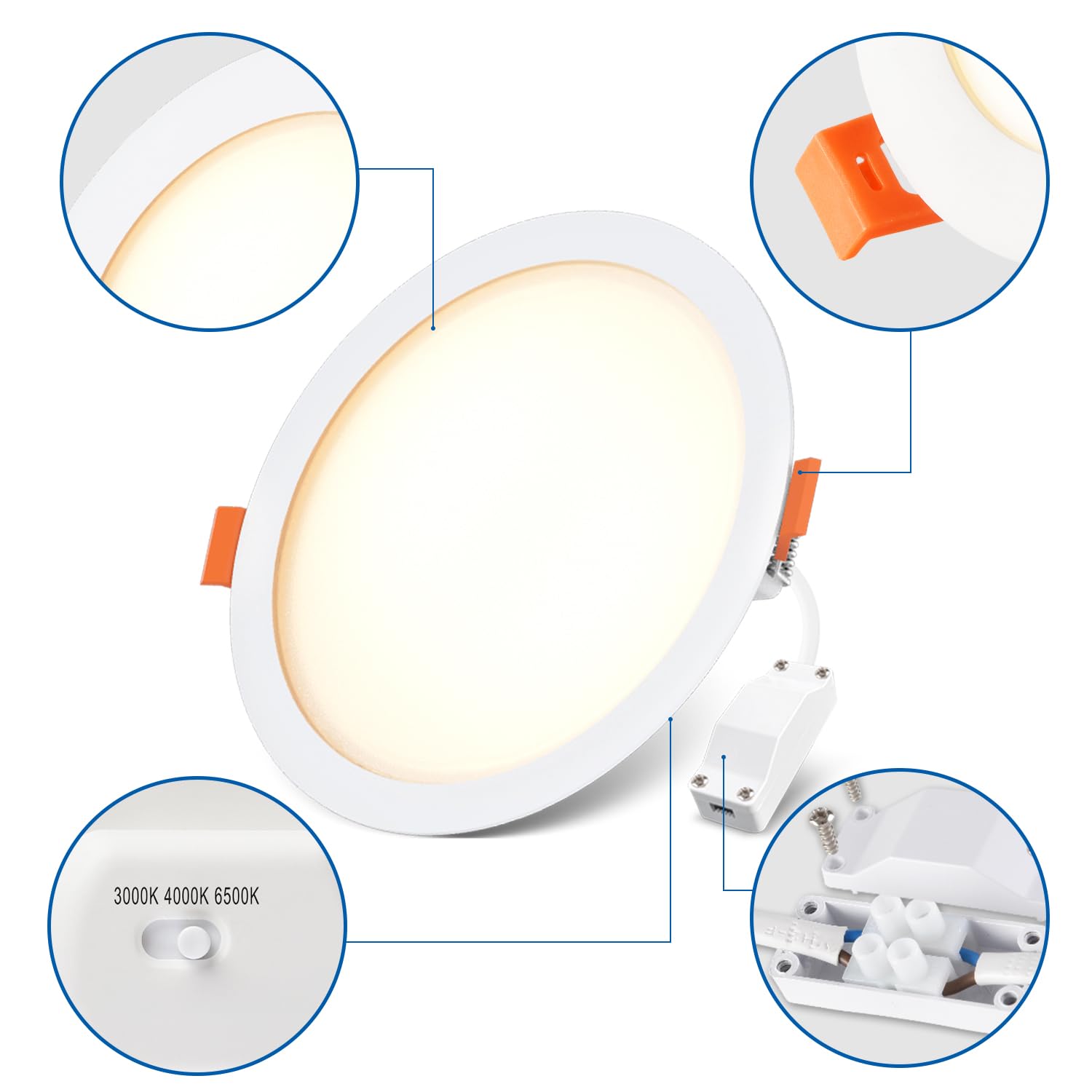 LVWIT Downlight LED Techo Superficie, Paneles Redondo Empotrable Lámparas de, Foco LED Empotrable-3000K/4000K/6500K para Techo(16W-Regulable) - Pack de 4 Unidades.[Clase de eficiencia energética F]