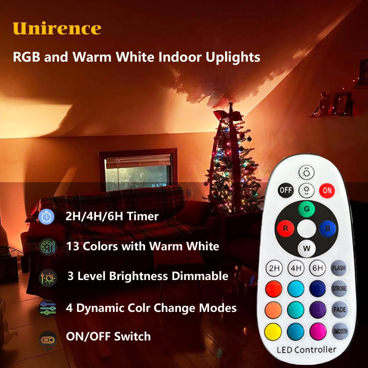 Uplights Indoor LED Spotlights 8W Warm White RGB Color Adjustable Desktop Corner Accent Floor Uplighting with Remote Control for Plant Picture Artwork (2Pack)