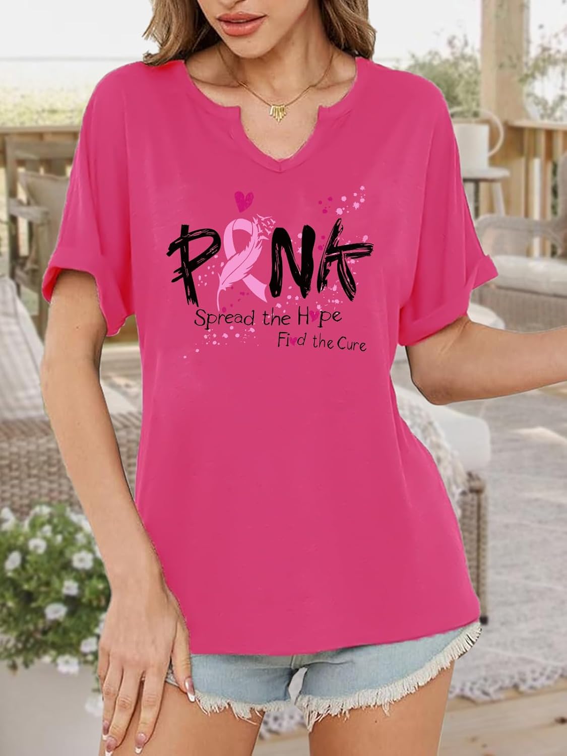 Breast Cancer Awareness Shirt Pink Ribbon Breast Cancer Support Squad Tshirts Cancer Survivor V-Neck Tops - Image 3