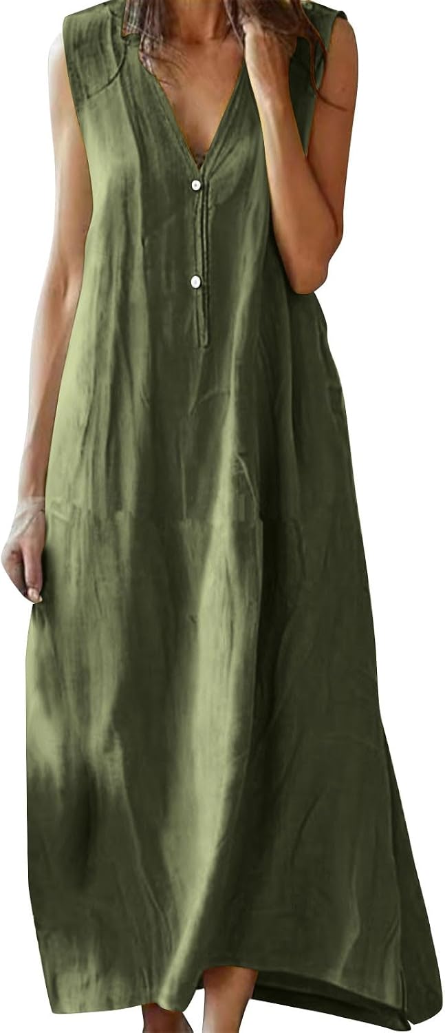 Women's Sleeveless Maxi Dress V Neck Summer Casual Flowy Beach Vacation Sundress Loose Fit Solid Color Button Tank
