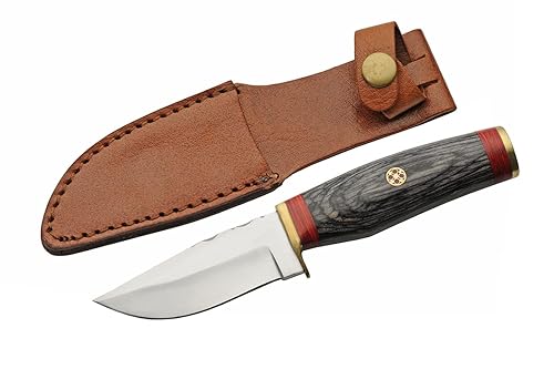 SZCO Supplies 203343-7 Cuchillo de caza al aire libre con mango de madera con funda de cuero, negro, 7.25 pulgadas de longitud