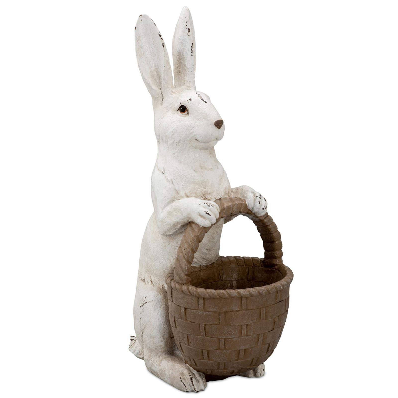 H.Bauer jun. große Deko Hasen Figur Kunststein ca. 42 cm - sitzender weißer Osterdeko Hase mit braunem Korb