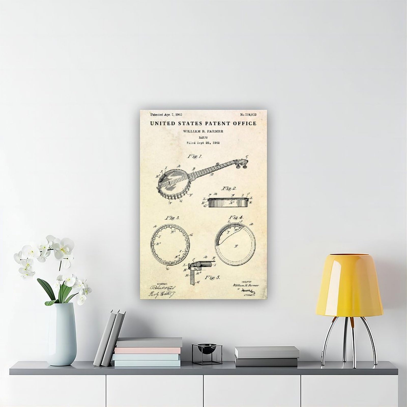 WLQZFRWV Banjo 1903 Brevetto Country Music Blueprint Poster su tela, decorazione artistica da parete per soggiorno, camera da letto, decorazione, 60 x 90 cm