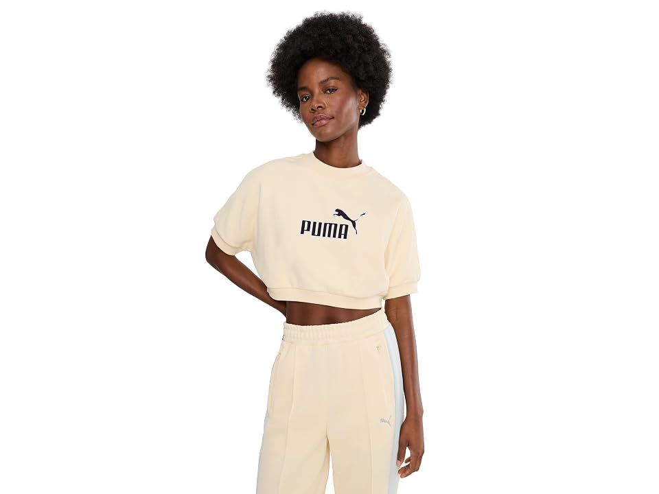 Puma Essentials Elevated No.1 Logo Relaxed Peach-touch Short Sleeve Crew Neck Women's Sweatshirt Buttercr In Buttercream