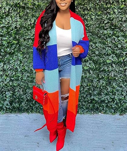 Image of SOMTHRON Women's Fall Cardigan Sweater Open Front Color Block Striped Knit Long Draped Coat Duster Outerwear