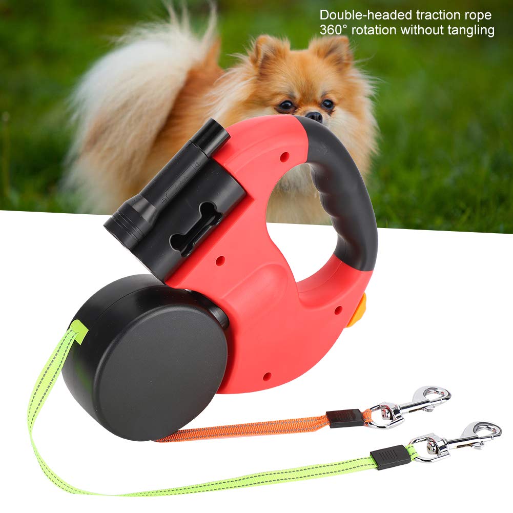Guinzaglio doppio retrattile, Guinzaglio per Cani Allungabile guinzaglio senza grovigli a 360° flessibile retrattile doppio guinzaglio con luce LED per due cani (rosso)