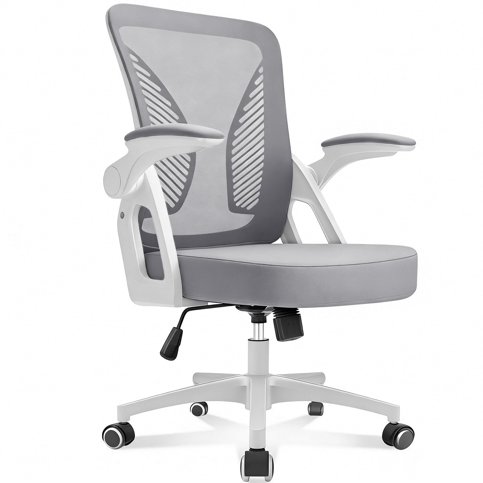 Durrafy Ergonomic Office Chair, Desk Chair with 90° Flip-up Armrests, Lumbar Support & Height Adjustable, Breathable Swivel Computer Chair with Tilt Function, Mid-Back Mesh Chair (Grey)
