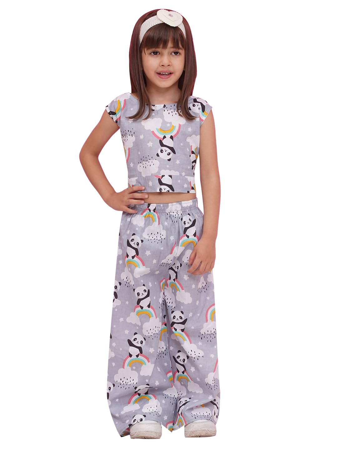 AJ DEZINES Kids Clothing Cotton CO-ORD Set With Panda Rainbow and Cloud Print For Girls