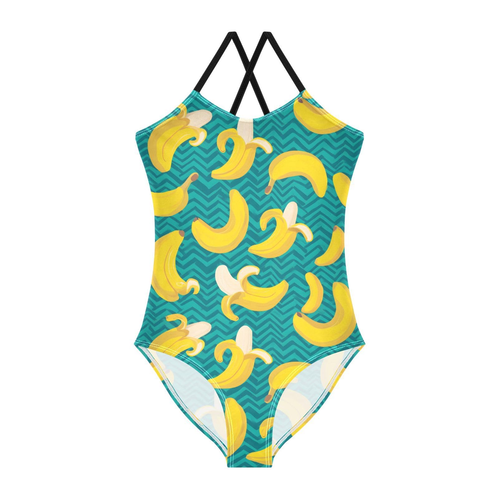 SUABO Banana Pattern Girls Swimsuits Quick Dry Crossback One Piece Bathing Suit Beach Swimwear, 7-8T Multicoloured