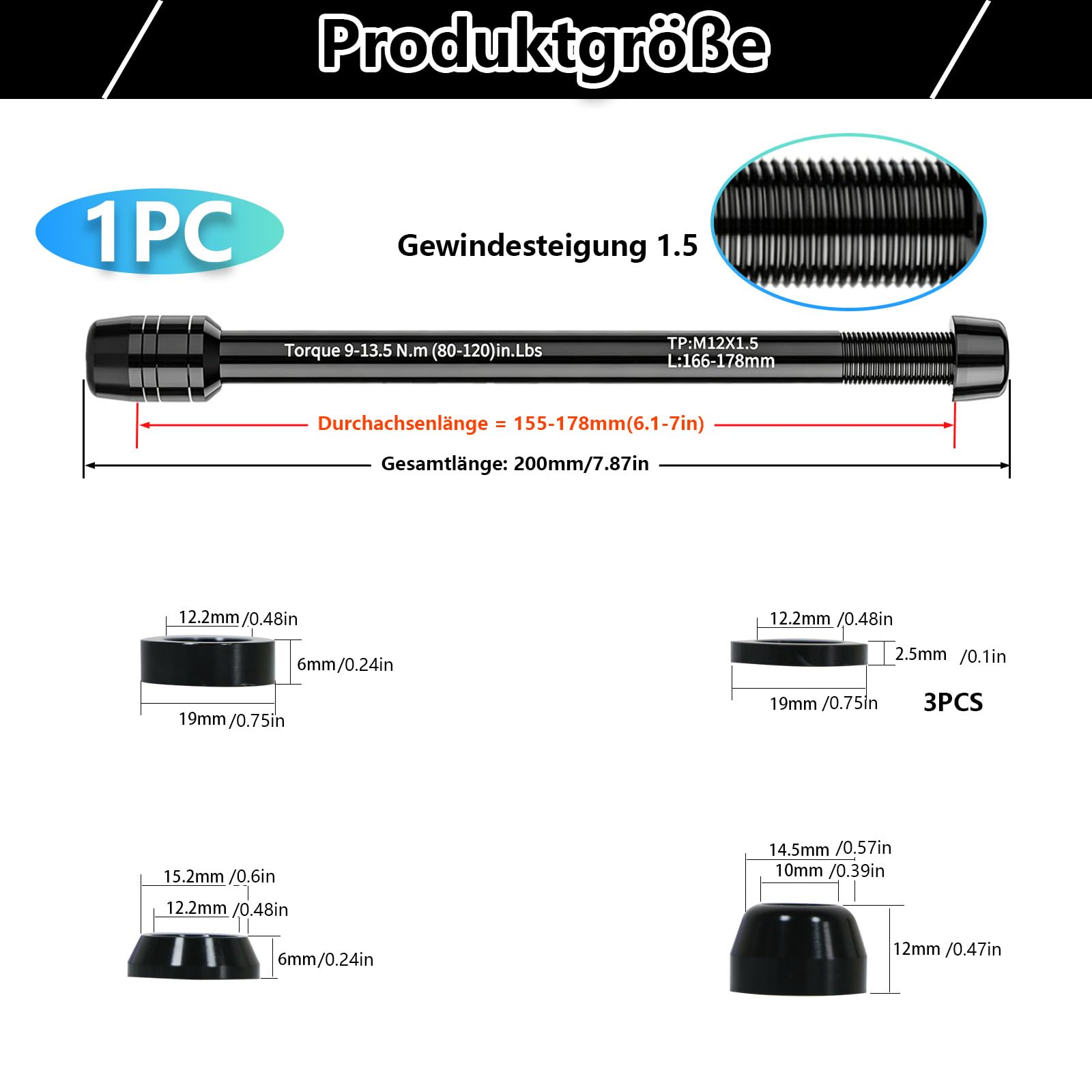 12 mm Steckachse für Fahrradtrainer, M12 Thru Axle Adapter für Hinterrad-Befestigung, Kompatibel mit Heimtrainer