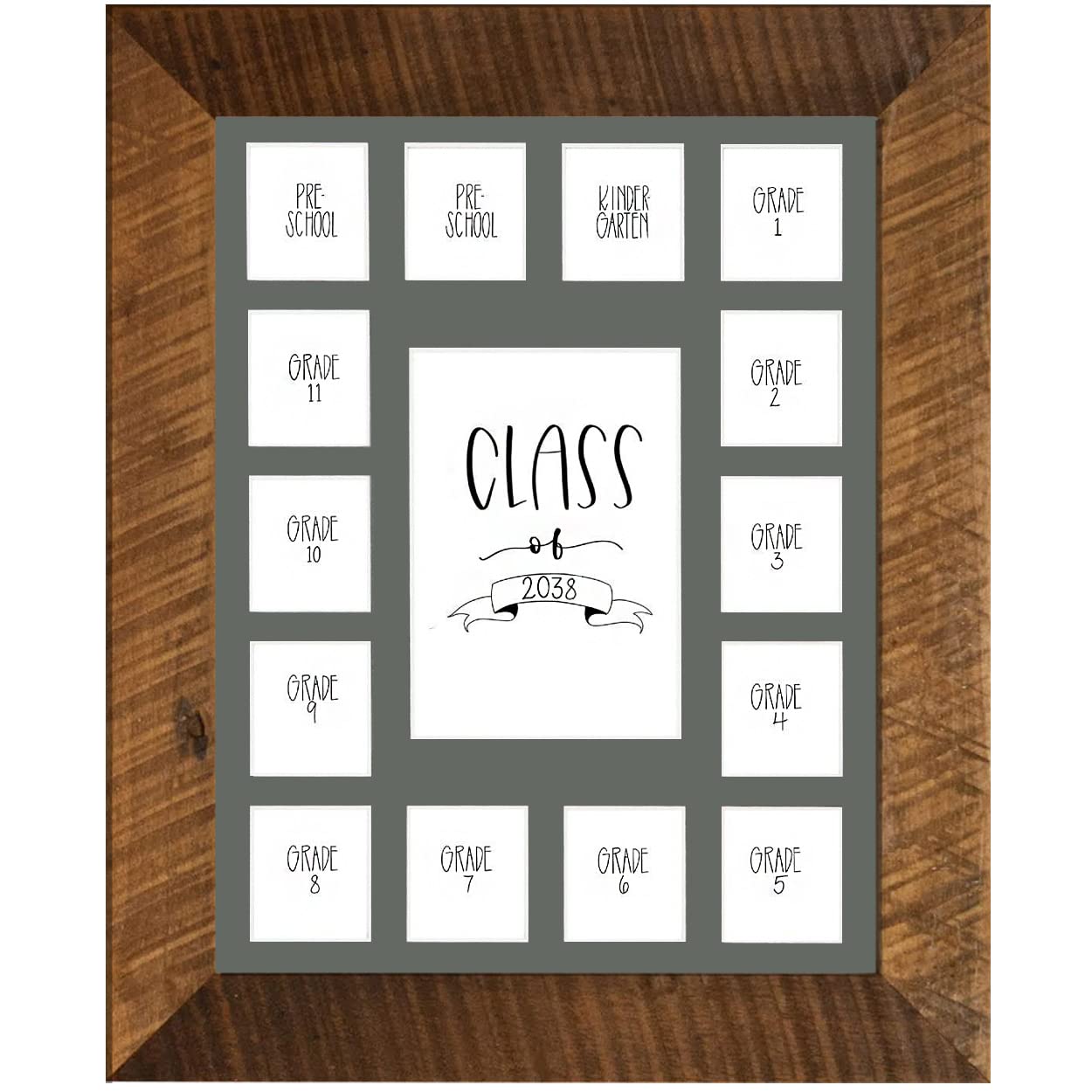 Rustic Red Door Co. School Years Reclaimed Wood Picture Frame with Mat - 11x14 Wooden Framed 15 Photo Collage Mat Pre-School &amp; Kindergarten to 12th Grade High School Graduation (Class of 2038, Grey)