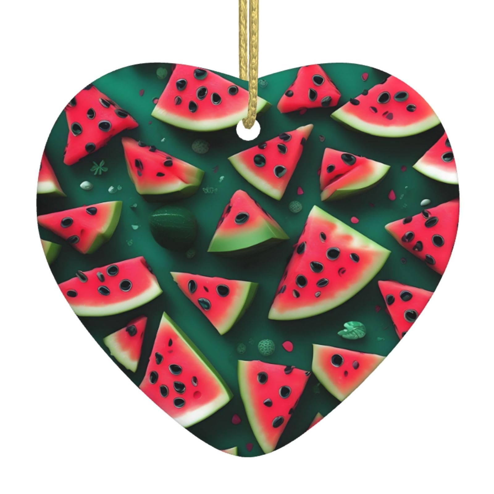 Dream Watermelon Ceramic Christmas Heart Pendant with Silk Thread, Christmas Tree Home Decoration