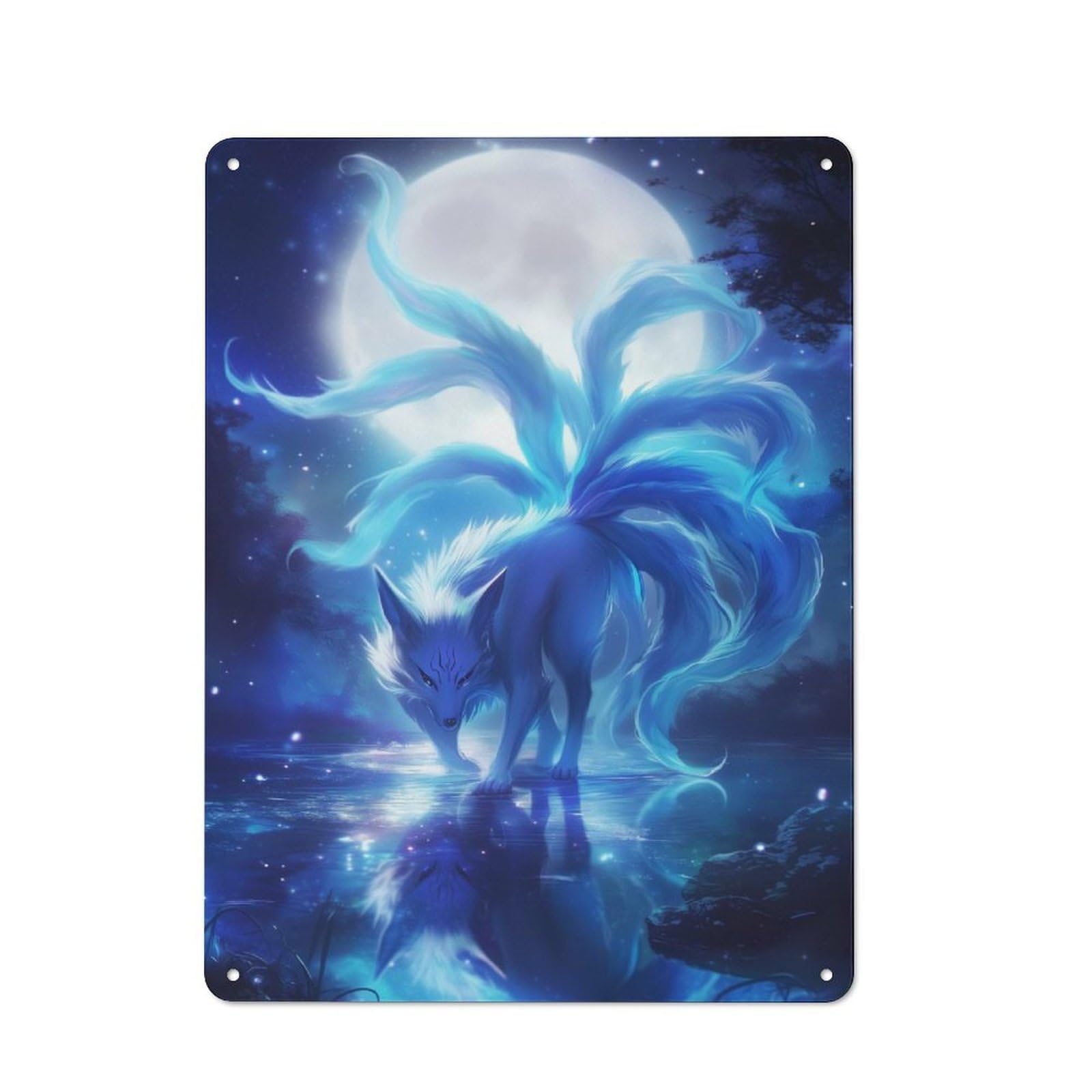 Junmoney Style-5 Nine-Tailed Fox Under Moonlight Nostalgic Metal Wall Decor 40X30cm, Vintage Tin Sign For Living Room, Hallway, Kitchen Or Cafe