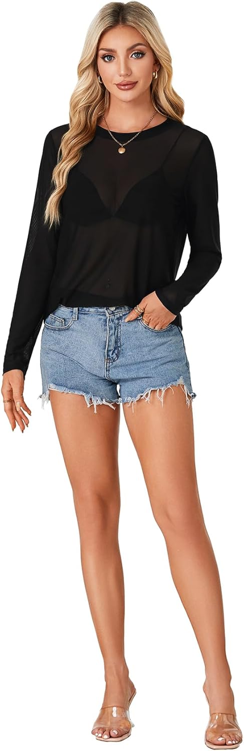 LYANER Women's Sheer Mesh Long Sleeve Round Neck Sexy See Through Blouse Shirt Top - Image 6