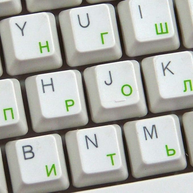 RUSSIAN CYRILLIC KEYBOARD STICKERS with GREEN LETTERING ON TRANSPARENT BACKGROUND