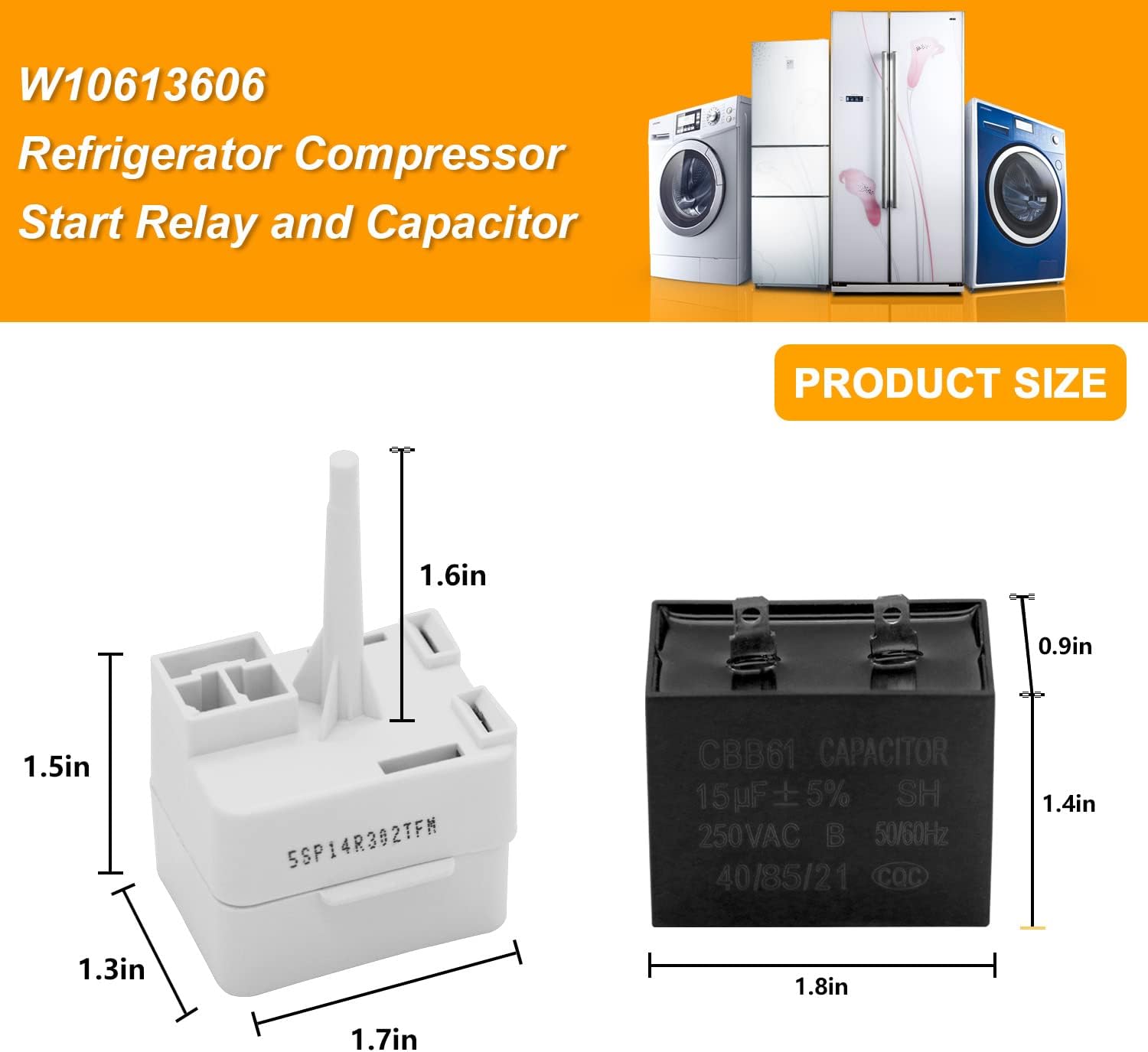 Dimensions of AMI PARTS W10613606 Refrigerator Compressor Start Relay and Capacitor