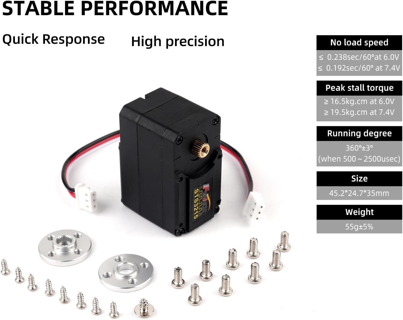 Close-up view of the Feetech STS3215 servo's TTL serial port for communication.
