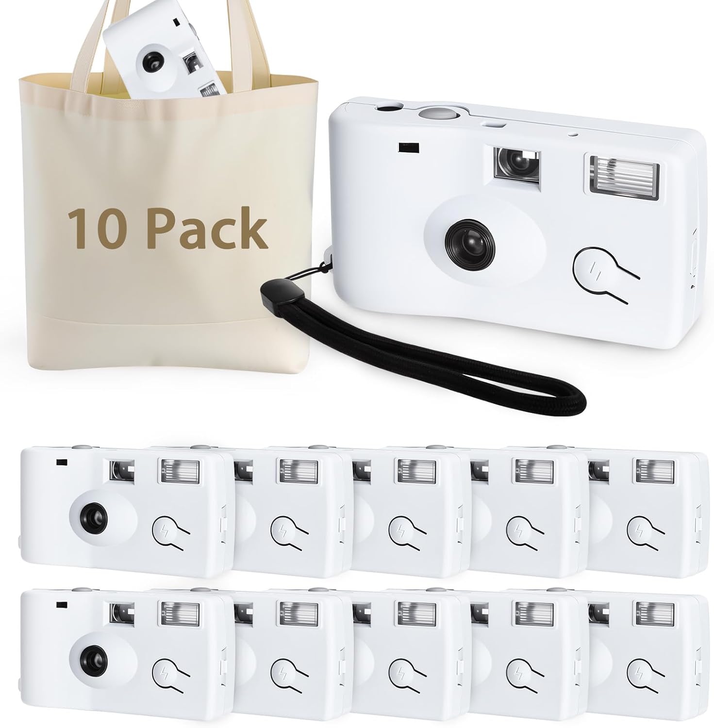 10 Pack Disposable Cameras Bulk with Flash, Deluxe White Single-Use Film Cameras Set, Include 35mm iSO 400 Film, 17 Photos, Natural Color Canvas Bag, for Birthday and Wedding