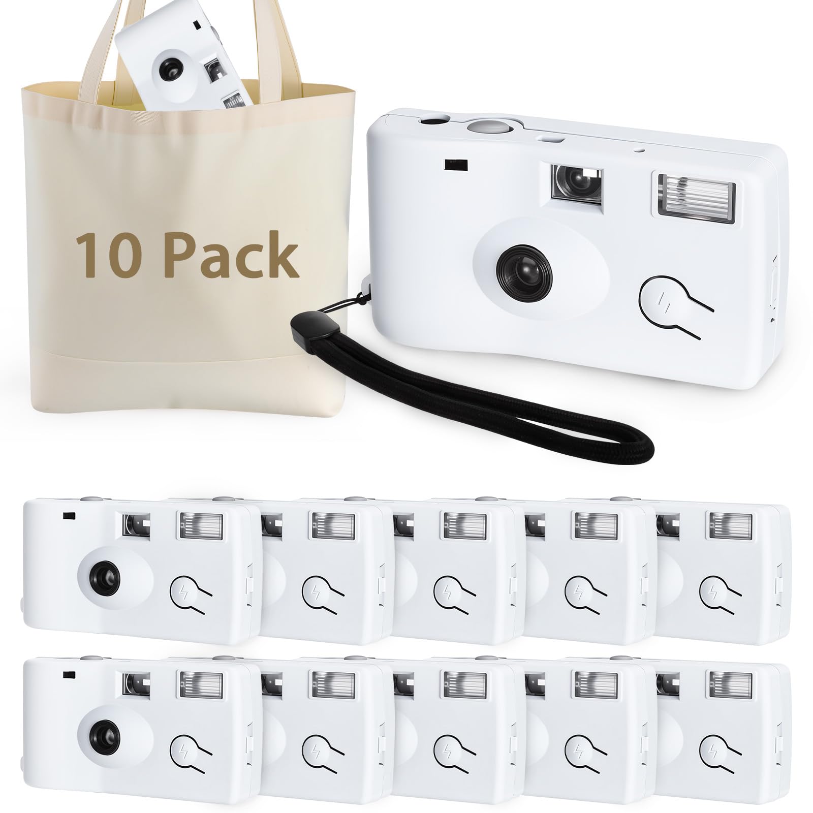 Photo 1 of 10 Pack Disposable Cameras Bulk with Flash, Deluxe White Single-Use Film Cameras Set, Include 35mm iSO 400 Film, 17 Photos, Natural Color Canvas Bag, for Birthday and Wedding