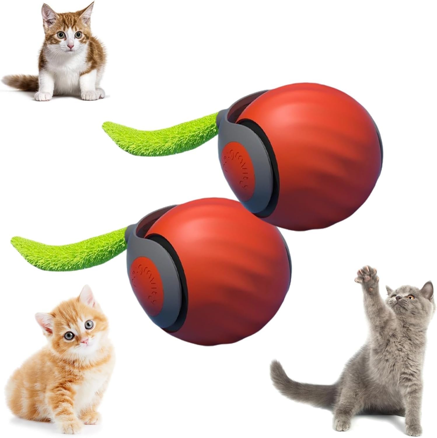 Rechargeable Interactive Cat Toy Ball, Automatic Electric Moving Cat Toy Ball for Indoor Cats, Smart USB Rechargeable, Two Speed Adjustment with Replacement Tail (Orange-2PCS)