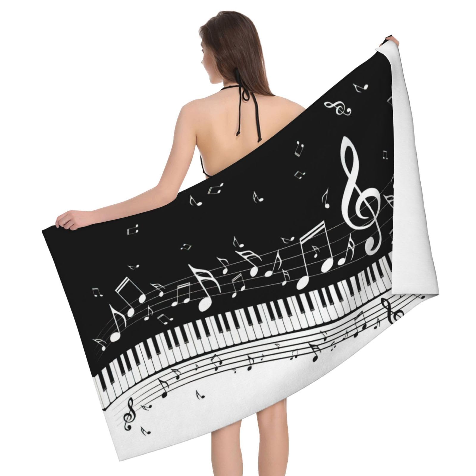 Serviette de bain sport et yoga microfibre noire et blanche notes de musique pour le studio