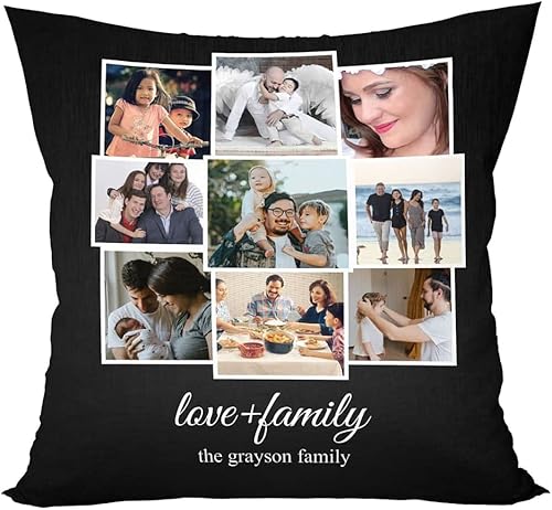 Love and Family Collage - Almohada personalizada para pareja. Almohada de fotos personalizada con texto para cumpleaños, aniversario y Navidad.