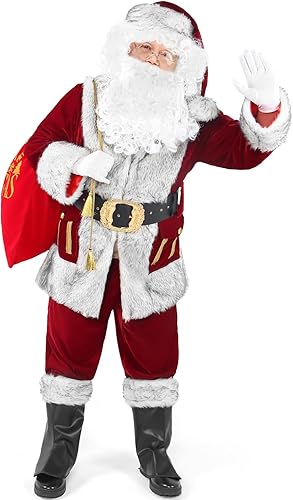Higen Santa Claus Costume for Men, Deluxe 11pcs Professional Christmas Velvet Sa