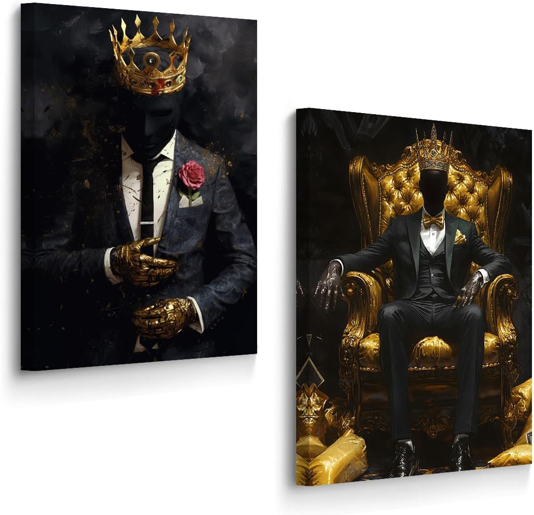 BJYCHG African American King Wall Art 2 Piece Black Man Canvas Prints Gold Crown Painting Picture Black Afro Art for Bedroom Office Living Room Framed (Green, 11x14inchx2 Pieces)