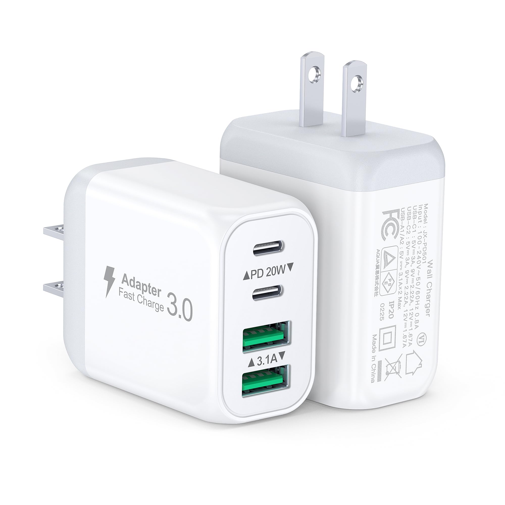 [2-Pack] 40W USB C Wall Plug, 4 Port Fast Charging Block PD 3.0 Multi Port Type C Adapter Cube for iPhone 16/15/14/13/12/11 Pro Max Plus/XR/SE,iPad/Pro/Mini/Air,AirPods4,watch10,Galaxy S25/S24,Ultra