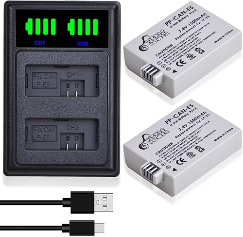 Batería LP-E5 LPE5 LP E5 y pantalla LED inteligente Cargador de doble canal compatible con Canon EOS Rebel XSi, Rebel T1i, Rebel XS, 1000D, 500D,