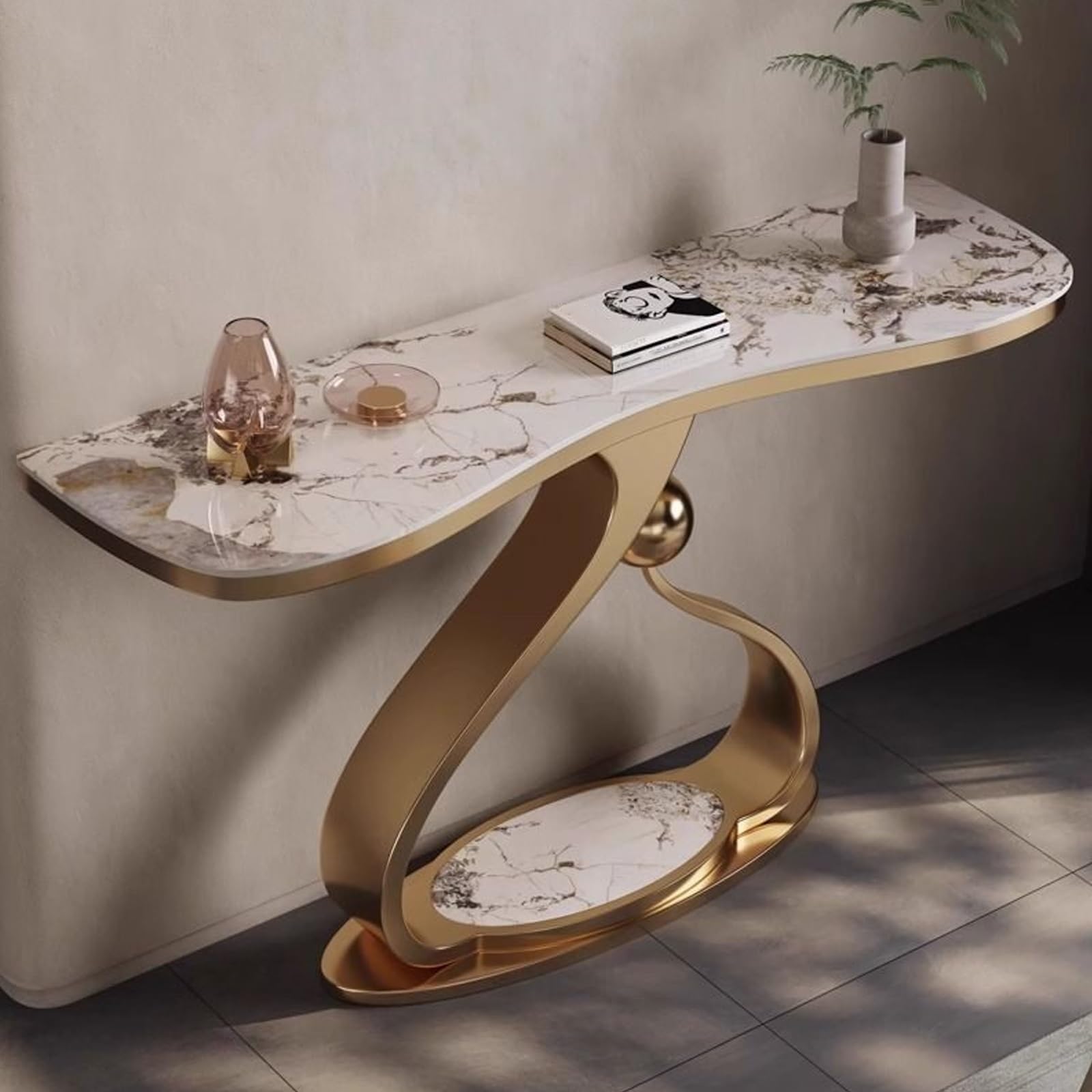 Mesa auxiliar consola semicircular de lujo contemporáneo, mesa estrecha para recibidor o entrada, encimeras de pizarra y base en forma de lágrima, para colocar contra la pared para la decoración del