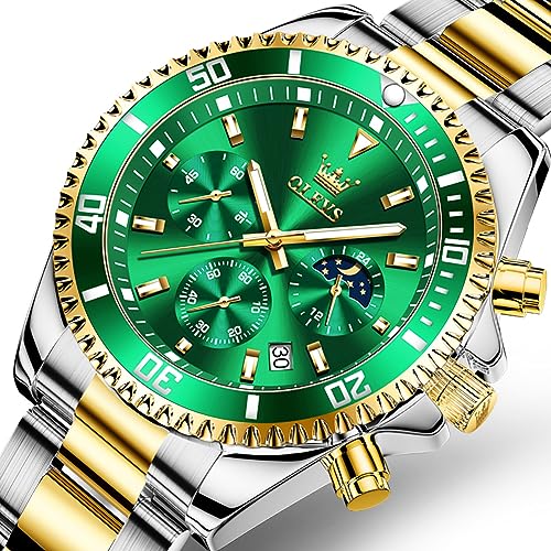 Image of OLEVS Watches for Men Classic with Date Business Dress Luxury Big Face Green /Black /Blue Waterproof Luminous Mens Wristwatch Analog Two Tone Stainless Steel Male Watch